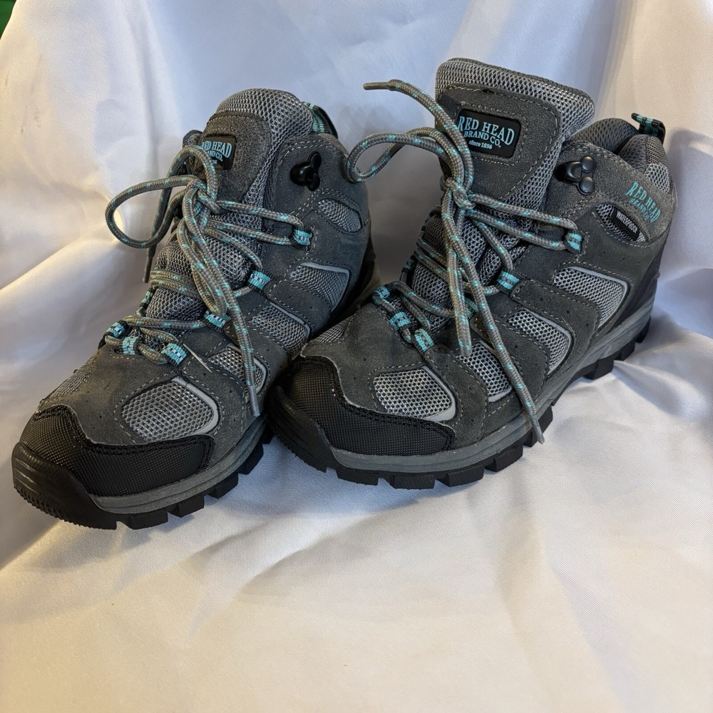 RedHead Kids Waterproof Hiking Boots Grey Teal Suede Mesh Mid Top Size 4 Shoes